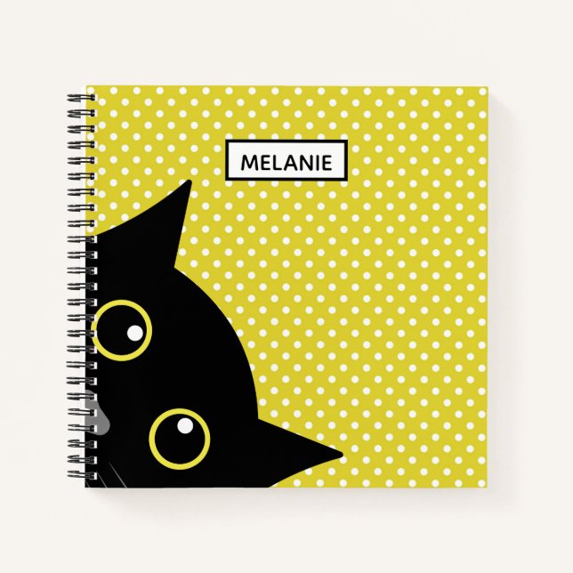 Carnet Curieux Chat Noir Polka Jaune Point Personnalisé (Devant)