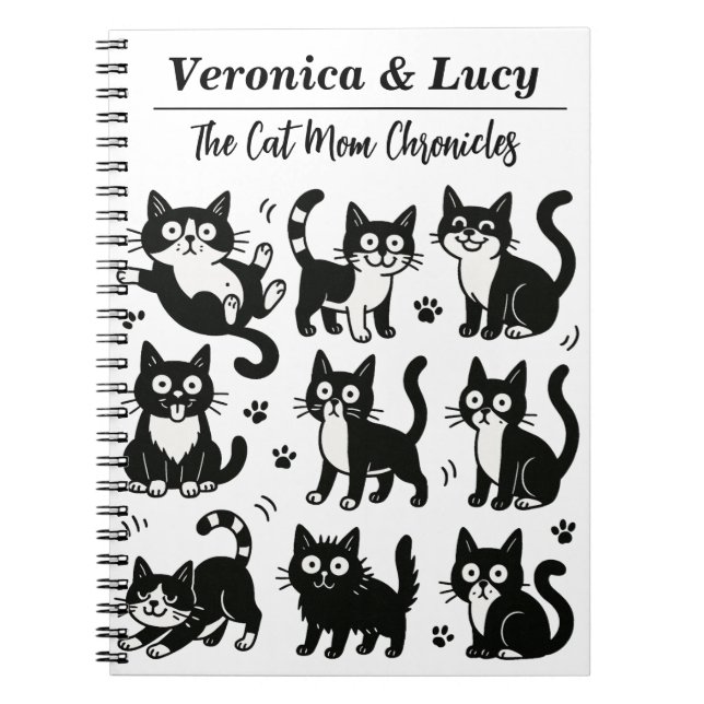 Carnet Custom Cat Mom Notebook – Funny Black & White Cat (Devant)