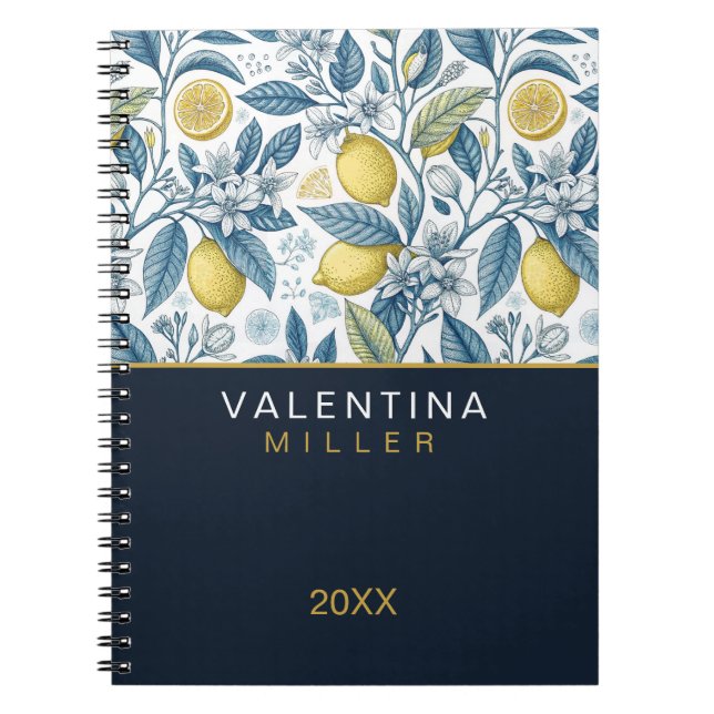 Carnet Custom Elegant Mediterranean Lemon Botanical Navy (Devant)