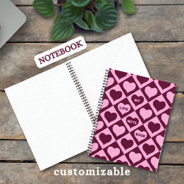 Carnet Custom Heart Checkerboard Pattern Bordeaux Pink -