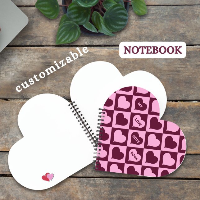 Carnet Custom Heart Checkerboard Pattern Bordeaux Pink -  (Créateur téléchargé)