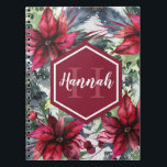 Carnet Custom Monogram Name Red Poinsettia<br><div class="desc">Custom rustic red poinsettia notebook. - Whimsical watercolor red poinsettias,  holly leaves,  and winter berries on a white wood background.  The winter floral background is topped with a berry red label and custom monogram / script calligraphy name template.  A traditional,  whimsical poinsettia gift with a personal touch.</div>