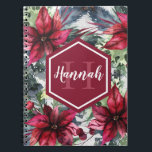 Carnet Custom Monogram Name Red Poinsettia<br><div class="desc">Custom rustic red poinsettia notebook. - Whimsical watercolor red poinsettias,  holly leaves,  and winter berries on a white wood background.  The winter floral background is topped with a berry red label and custom monogram / script calligraphy name template.  A traditional,  whimsical poinsettia gift with a personal touch.</div>