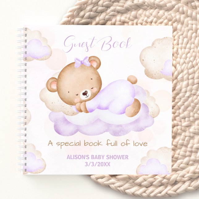 Carnet Cute Bear Purple Girl Baby shower Guest Book (Bearly Wait Purple Girl Baby shower Guest Book)