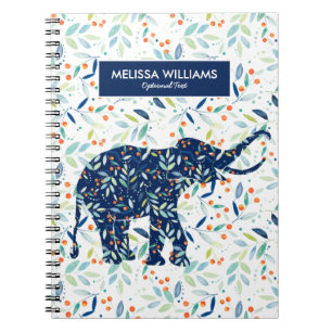 Carnet Cute Blue Elephant Motif de feuilles botaniques