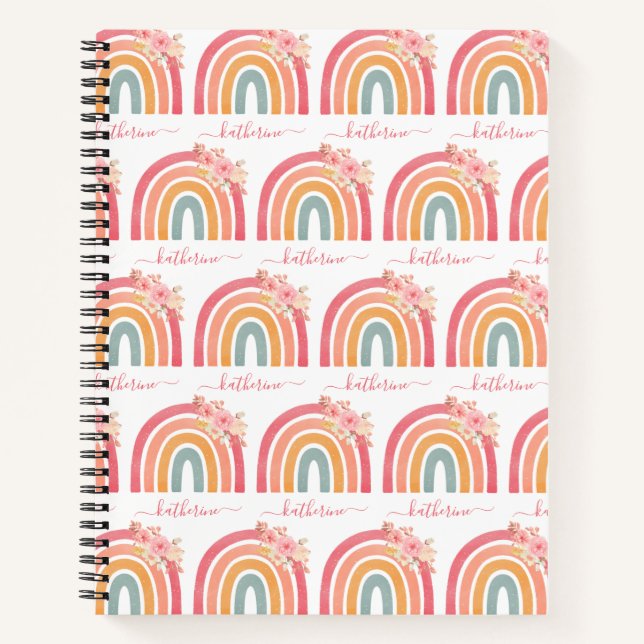 Carnet Cute Boho arc-en-ciel avec aquarelle rose fleurs (Devant)