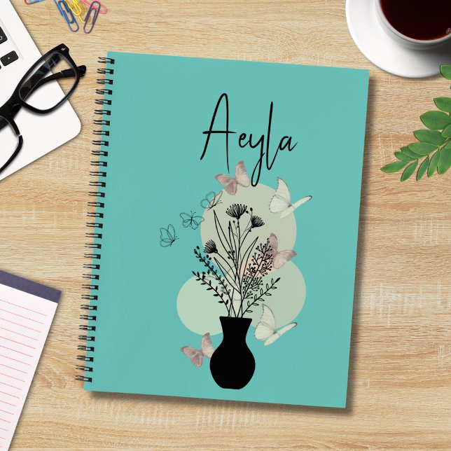 Carnet Cute Boho Line Fleurs d'art et papillons Turquoise (Créateur téléchargé)