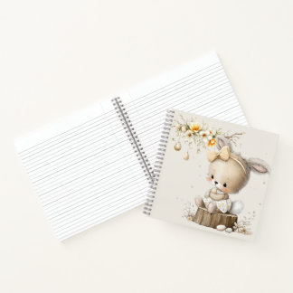 Carnet cute bunny with Easter eggs in a flower meadow
