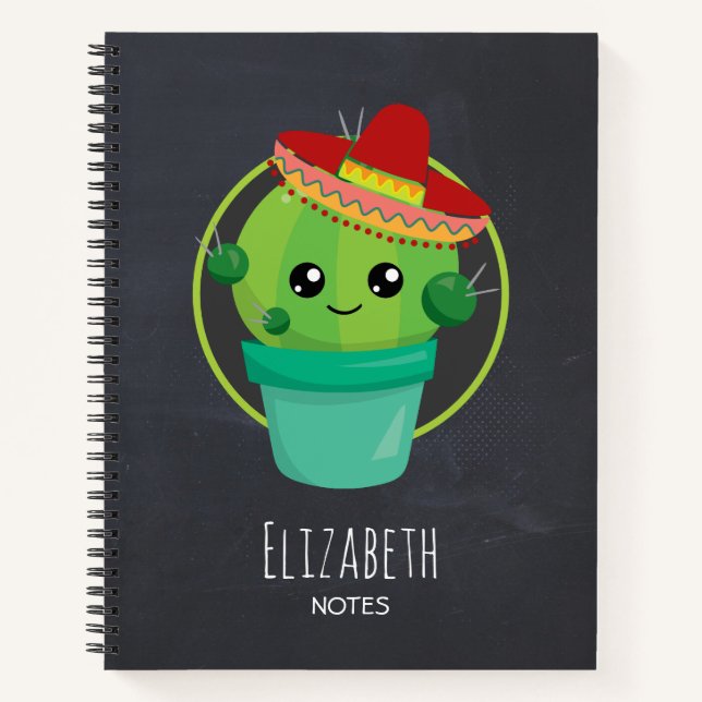 Carnet Cute Cactus dans un Sombrero sur tableau noir (Devant)