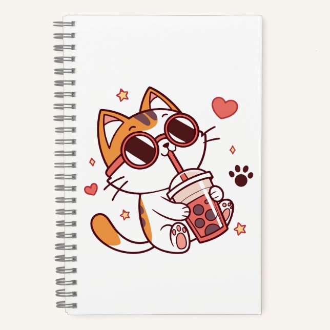 Carnet Cute Chat avec lunettes de soleil Boire Boba Tea (Recto)