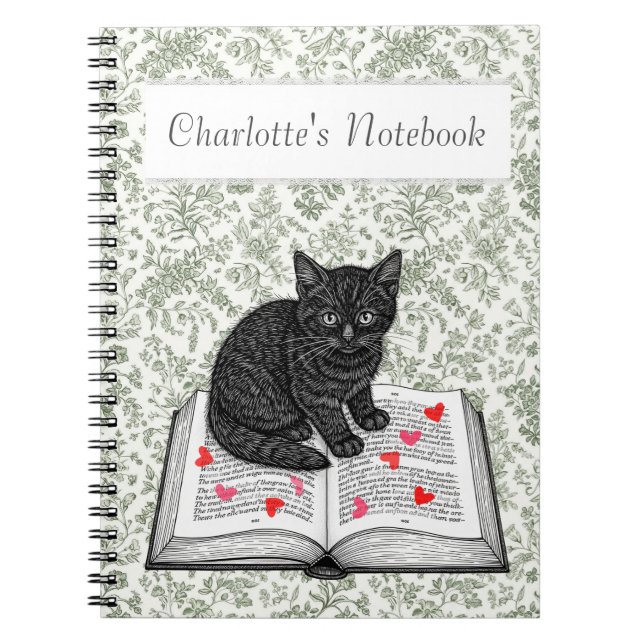 Carnet Cute Chat Noir Kitten avec Coeurs Goth Whimsical (Devant)