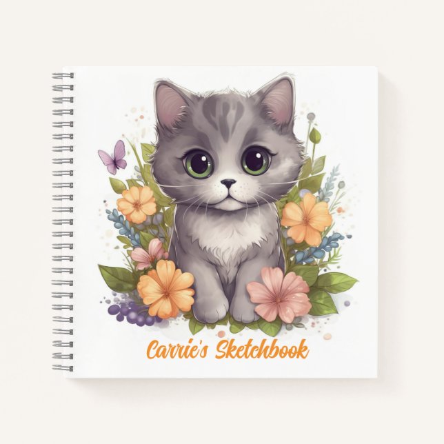 Carnet Cute chaton gris avec fleurs de printemps (Devant)
