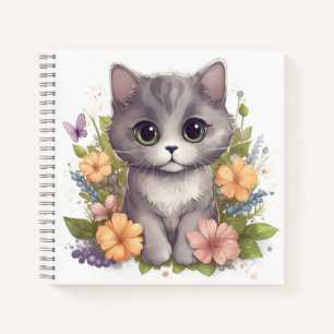 Carnet Cute chaton gris avec fleurs de printemps