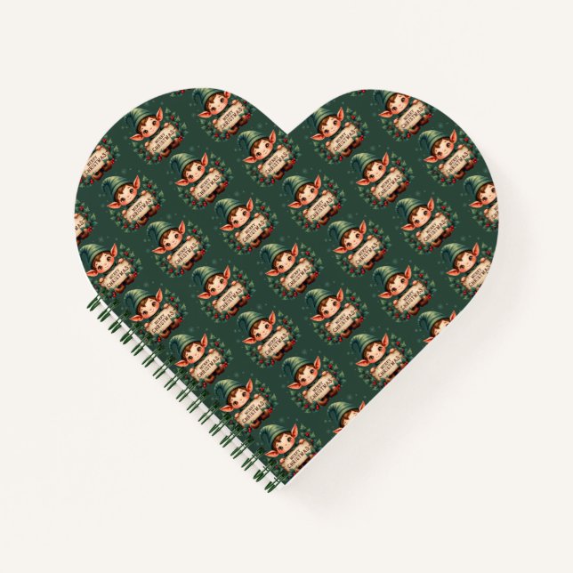 Carnet Cute Christmas Elf Holding Merry Sign Green (Devant)