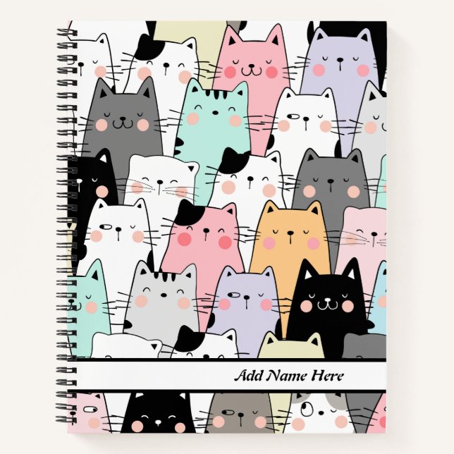 Carnet Cute Colorful Chats Motif Nom personnalisable (Devant)