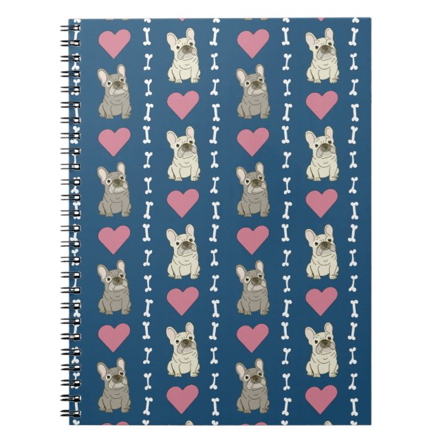 Carnet Cute dogs, Frenchie, hearts, and bones (Devant)