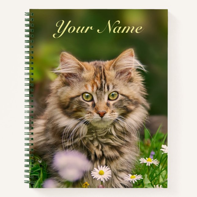 Carnet Cute Fluffy Maine Coon Kitten Chat en Fleurs Nom (Devant)