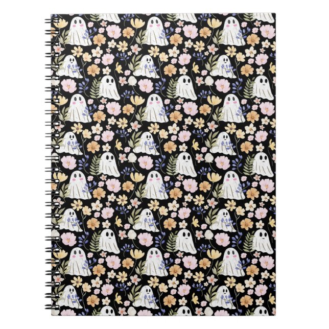 Carnet Cute Ghost And Colorful Flowers Seamless Pattern (Devant)