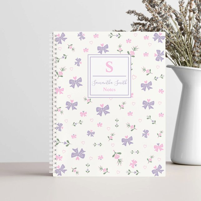 Carnet Cute Girly Coquette Flowers & Bows Monogram Name (Créateur téléchargé)