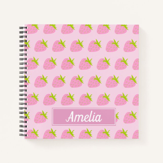 Carnet Cute Girly Pink Strawberry Pattern Personalised (Devant)