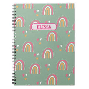 Carnet Cute Green Boho Rainbow Heart Nom personnalisé