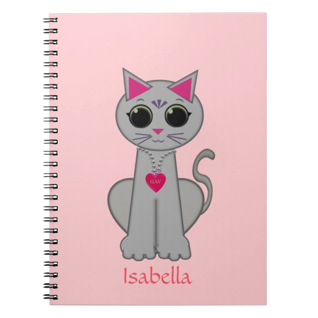 Carnet Cute Grey Chat & Nom Calligraphie sur Rose (Devant)