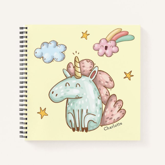 Carnet Cute Happy Unicorn avec le nom de l'enfant (Devant)