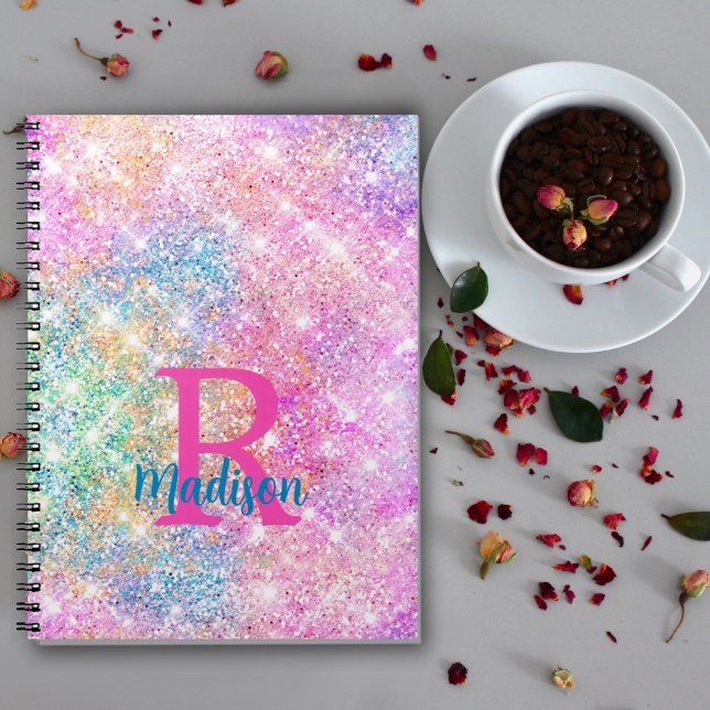 Carnet Cute iridescent unicorn pink faux glitter monogram (Créateur téléchargé)