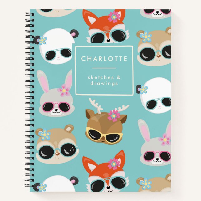 Carnet Cute Kawaii Animaux Lunettes de soleil Nom bleu De (Devant)