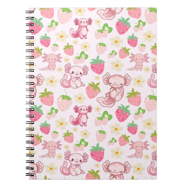 Carnet Cute Kawaii Axolotl & Strawberry Seamless Pattern (Devant)