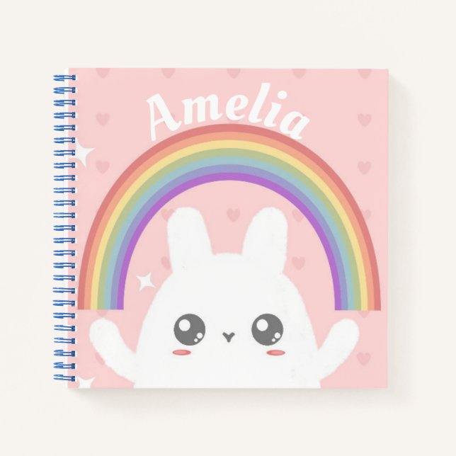 Carnet Cute Kawaii Bunny et Rainbow Personnalisé (Devant)