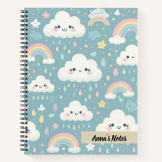 Carnet Cute Kawaii Nuages et Rainbows bleu Personnalisé