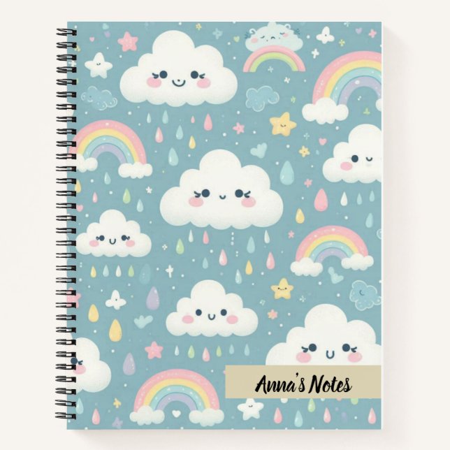Carnet Cute Kawaii Nuages et Rainbows bleu Personnalisé (Devant)