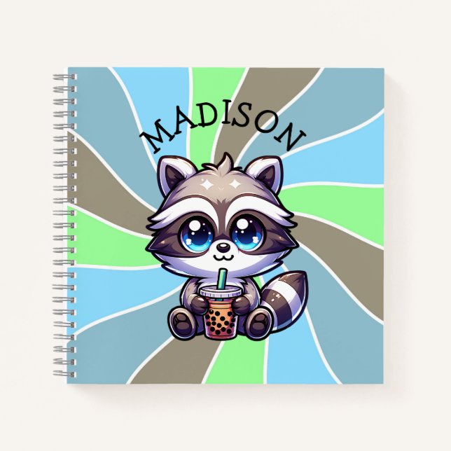 Carnet Cute Kawaii Raccoon avec thé bulle Personnalisé (Devant)