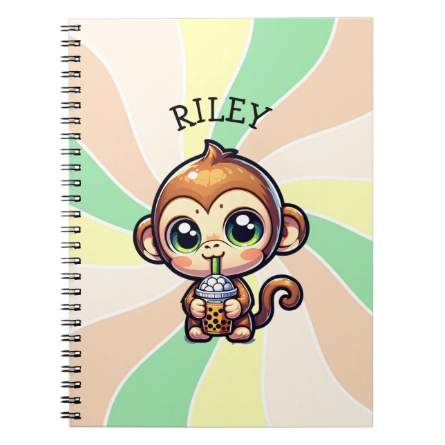 Carnet Cute Kawaii Singe avec thé bulle Personnalisé (Devant)