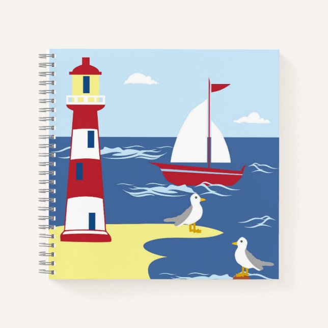 Carnet Cute Lighthouse and Boat Seaside Art (Devant)