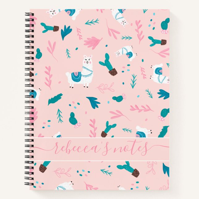 Carnet Cute llama alpaca rose turquoise illustration moti (Devant)