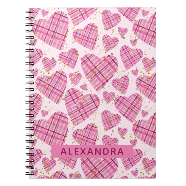 Carnet Cute Motif Plaid Coeurs Rose Faux Nom de la Partie (Devant)