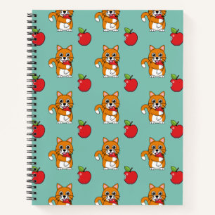 Carnet Cute Orange Blanc Chat Manger Rouge Pomme Carton