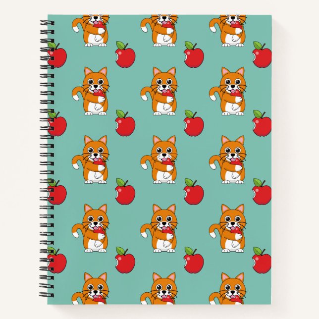 Carnet Cute Orange Blanc Chat Manger Rouge Pomme Carton (Devant)