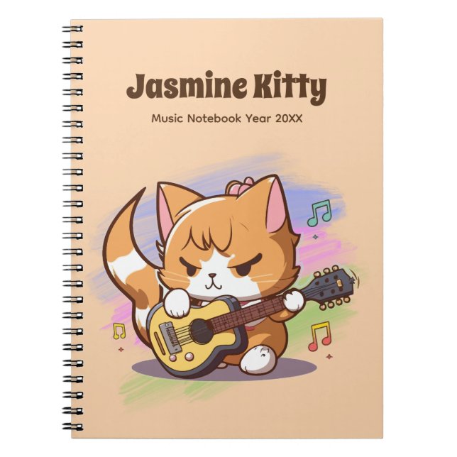 Carnet Cute Orange Chat Jouer Guitare (Personnaliser) (Devant)