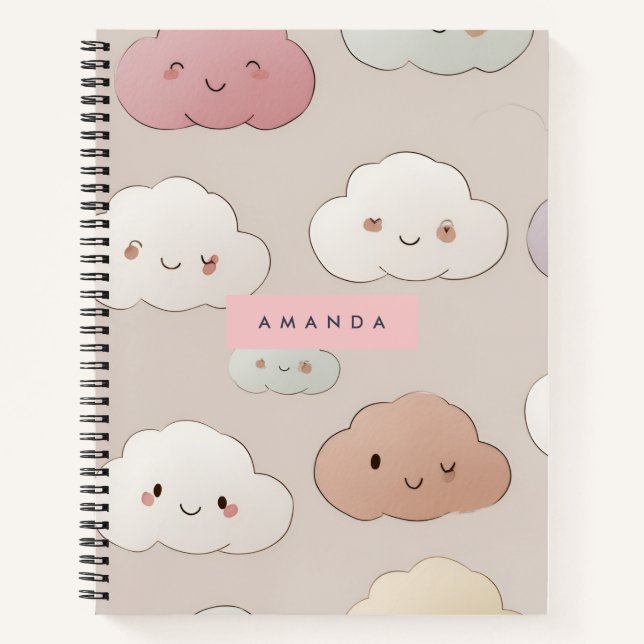 Carnet Cute personnalisée Kawaii Pastel Nuages souriants (Devant)