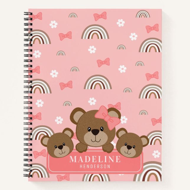 Carnet Cute Petite Garçon Ours Boho Arc-en-ciel rose (Devant)