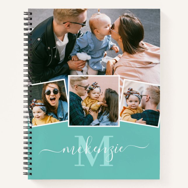 Carnet Cute Photo Collage Monogramme Turquoise (Devant)