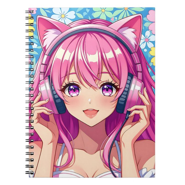 Carnet Cute Pink Anime Girl with Headphones (Devant)