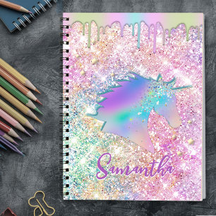 Carnet Cute Rainbow unicorn faux Glitter stars monogram