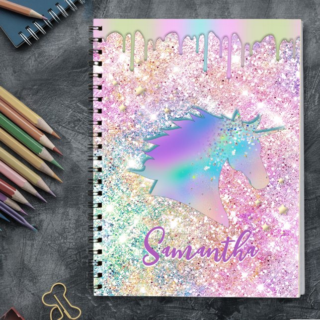 Carnet Cute Rainbow unicorn faux Glitter stars monogram (Créateur téléchargé)