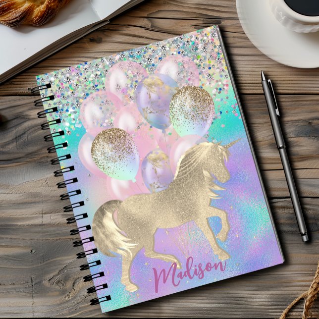 Carnet Cute Rainbow unicorn glitter balloons monogram (Créateur téléchargé)