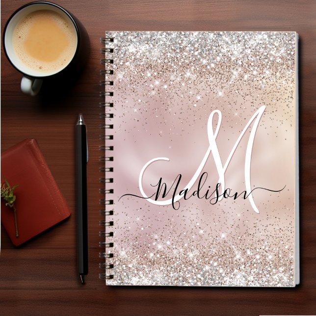 Carnet Cute rose gold faux silver glitter monogram (Créateur téléchargé)