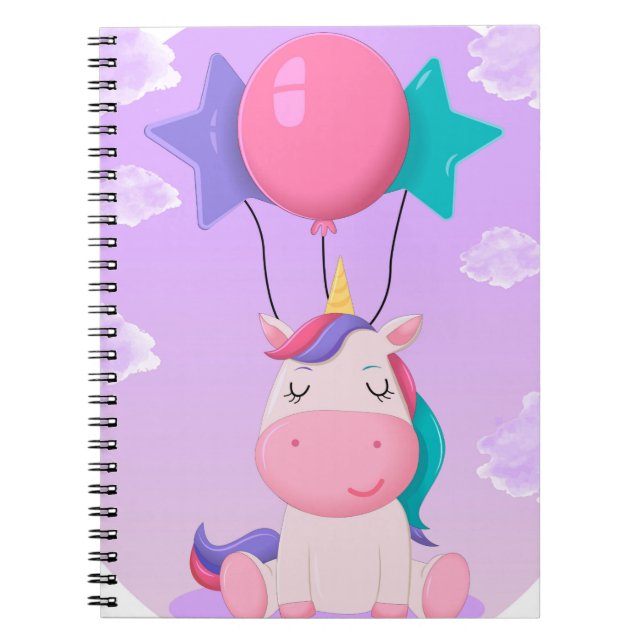 Carnet Cute Sitting Unicorn and Balloons Lilac (Devant)
